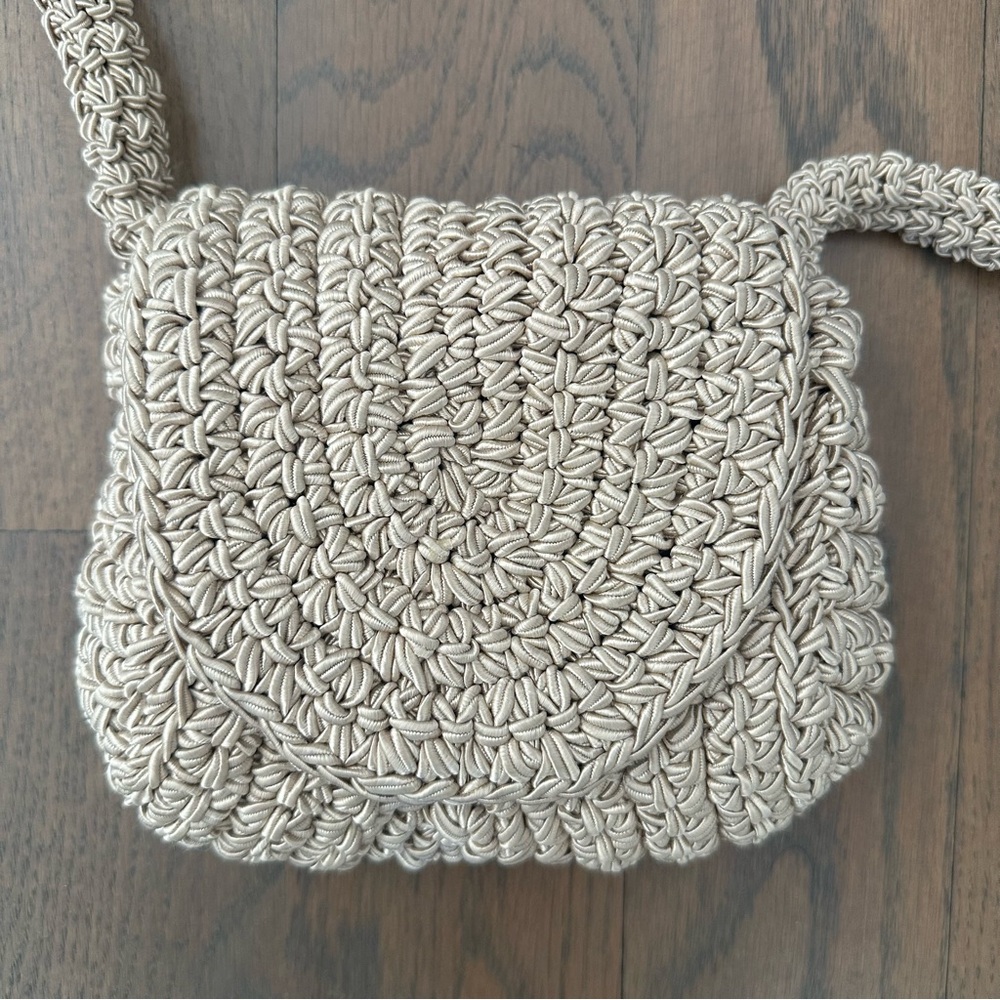 Vintage Carrie Forbes Woven Cord Crossbody Bag Rounded Flap Light Beige Tan